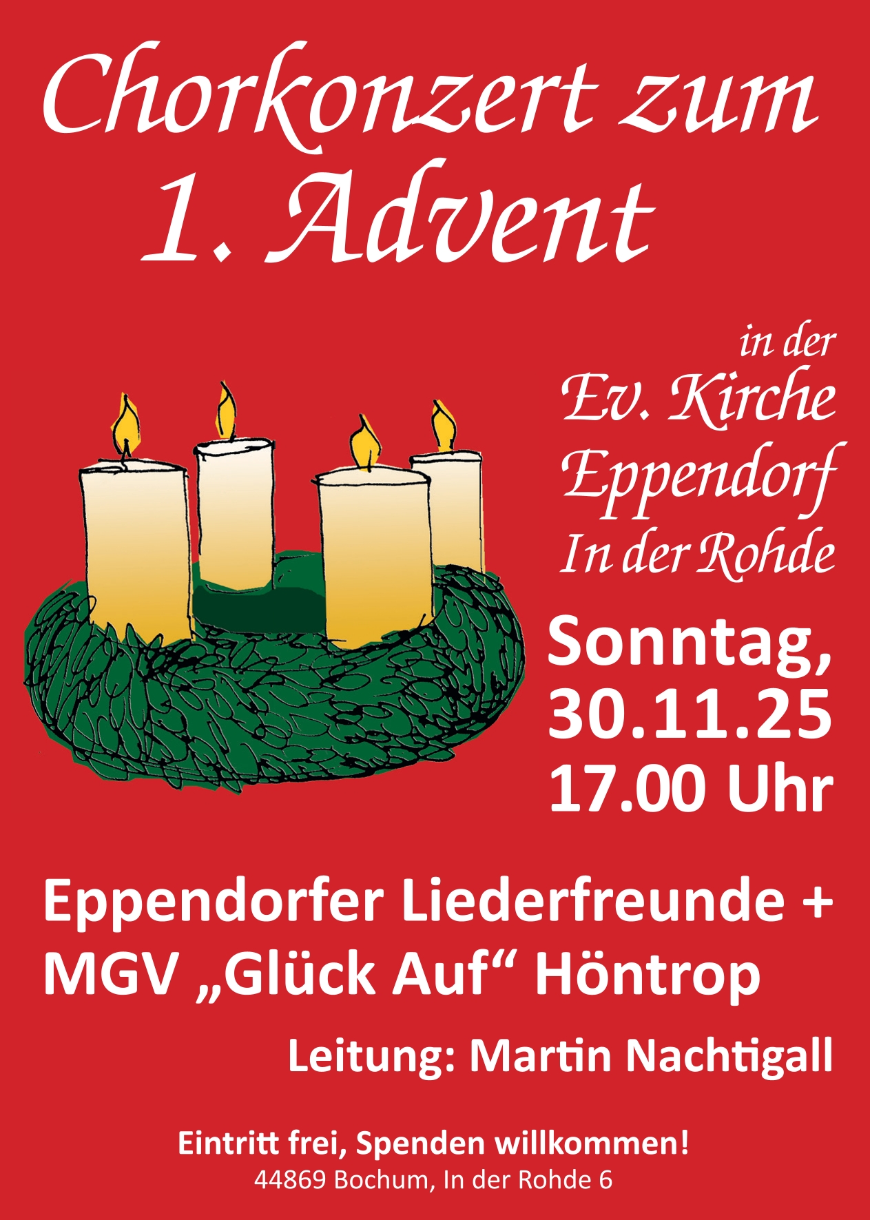 Veranstaltungsplakat - Adventskranz mit angezündeten Kerzen, Informationen zum Konzert am 30.11.2025